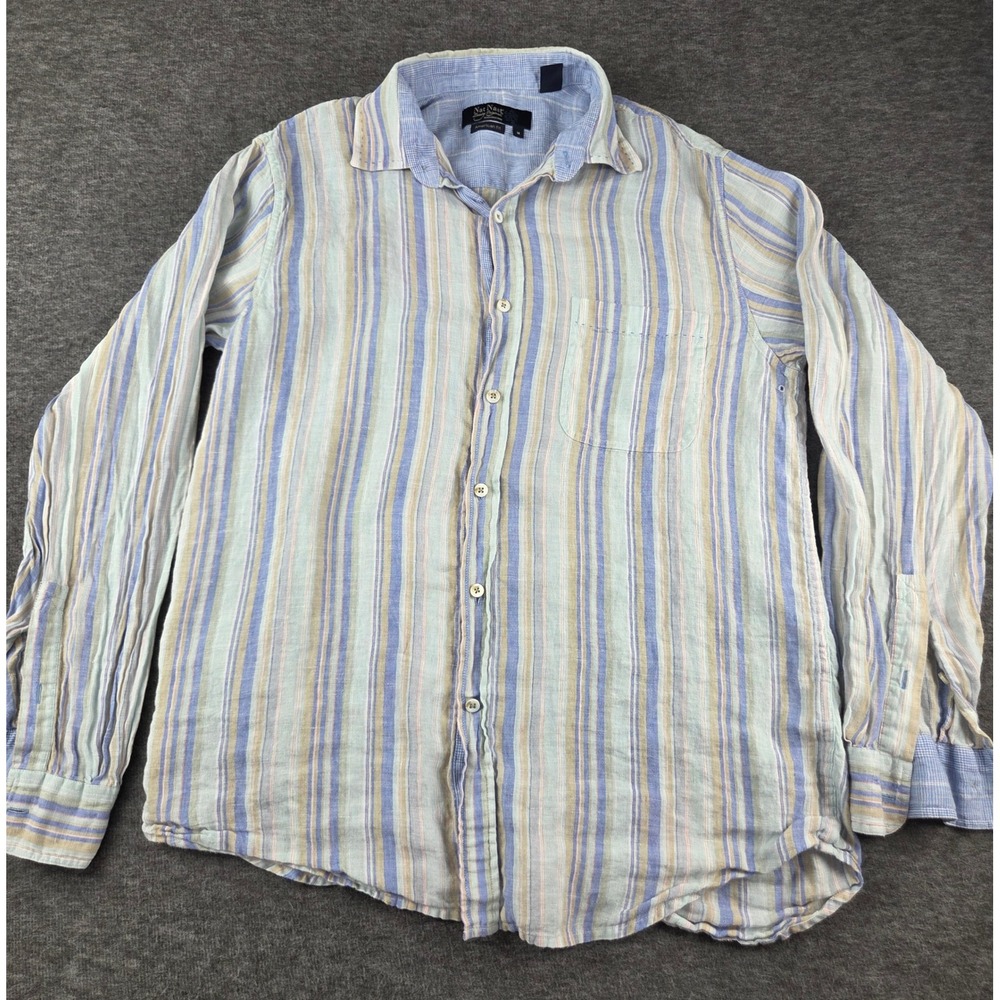 Nat Nast Shirt Mens M Multi Stripe Luxury Originals American Fit 100% Linen LS